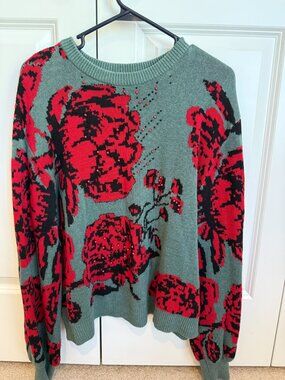 Maude Vivante Green Red Floral Embellished Knit Sweater Size L
